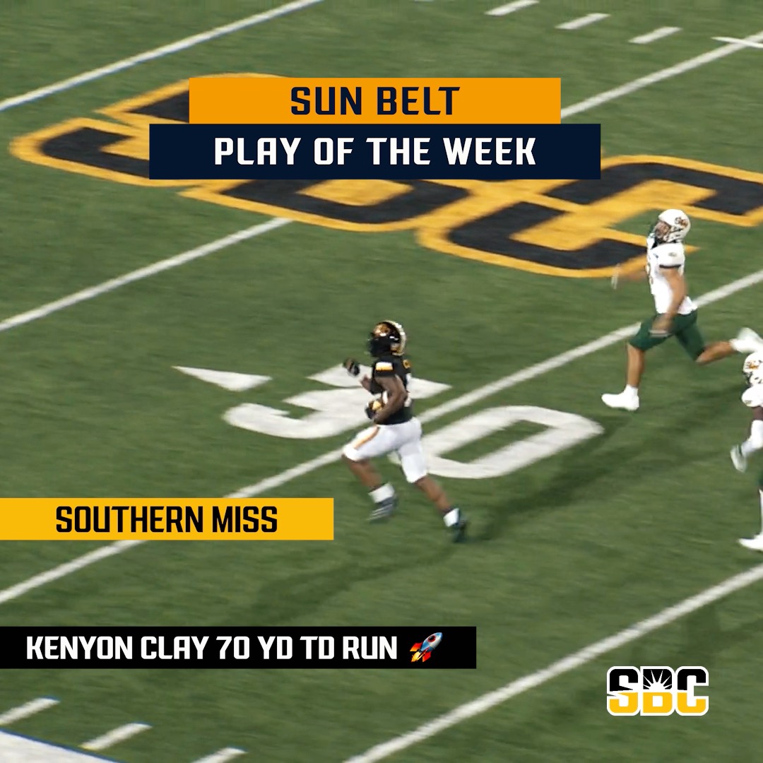 𝗖𝗔𝗥𝗩𝗜𝗡𝗚 𝗖𝗟𝗔𝗬. Kenyon Clay carves through the defense to break off a career-long 70-yard touchdown run for Southern Miss Football. ☀️🏈
