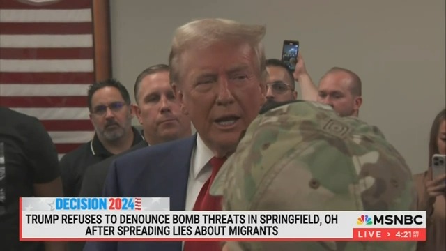 Q: Do you denounce the bomb threats in Springfield, Ohio? Trump: I don’t know what happened with the bomb threats. I know that it’s been taken over by illegal migrants