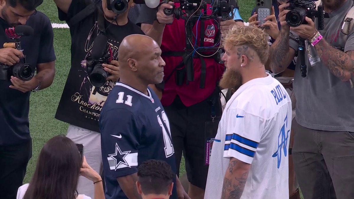 😤 Mike Tyson and Jake Paul on the field before the #DallasCowboys game today 🤝