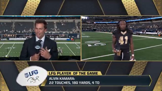 Time for Tom Brady's #LFG Player of the Game Award ๐ Congrats to New Orleans Saints RB Alvin Kamara for his four TD day!