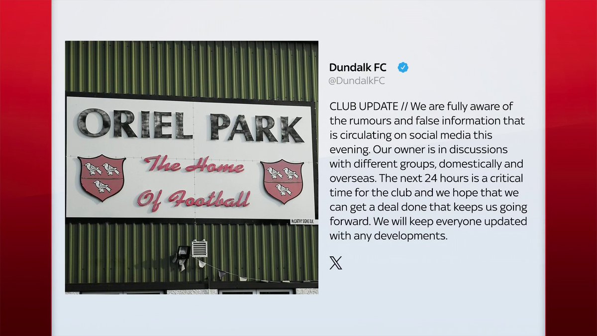 🗣️ "The next 24 hours is a critical time" Dundalk, one of Ireland's most successful clubs faces a critical day in it's future as it tries to secure investment to stop it from going out of business ⬇️