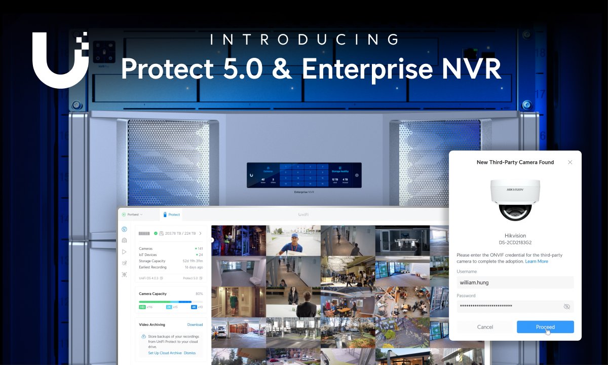 Introducing #UniFi Protect 5.0 (Early Access) & Enterprise NVR (avail. Sept 30) 🔹3rd party camera support w/ our ONVIF support plan, completely license-free 🔹1,000+ cameras w/ Vantage Point scaling & ENVR 🔹Near instant loading w/ our re-architected encoding engine & more