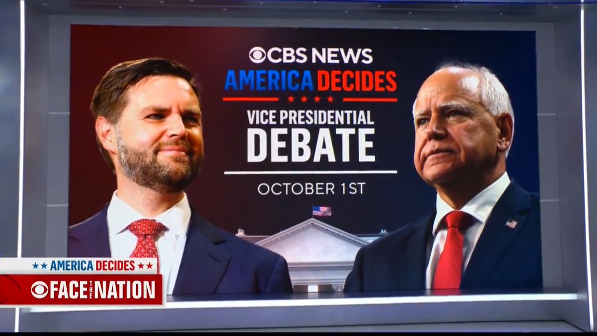 The first and only vice presidential debate between Democratic Gov. Tim Walz of Minnesota and Republican Sen. JD Vance of Ohio will be hosted by CBS News on October 1 in New York City. The debate will be moderated by Norah O'Donnell 🇺🇸 and Margaret Brennan.