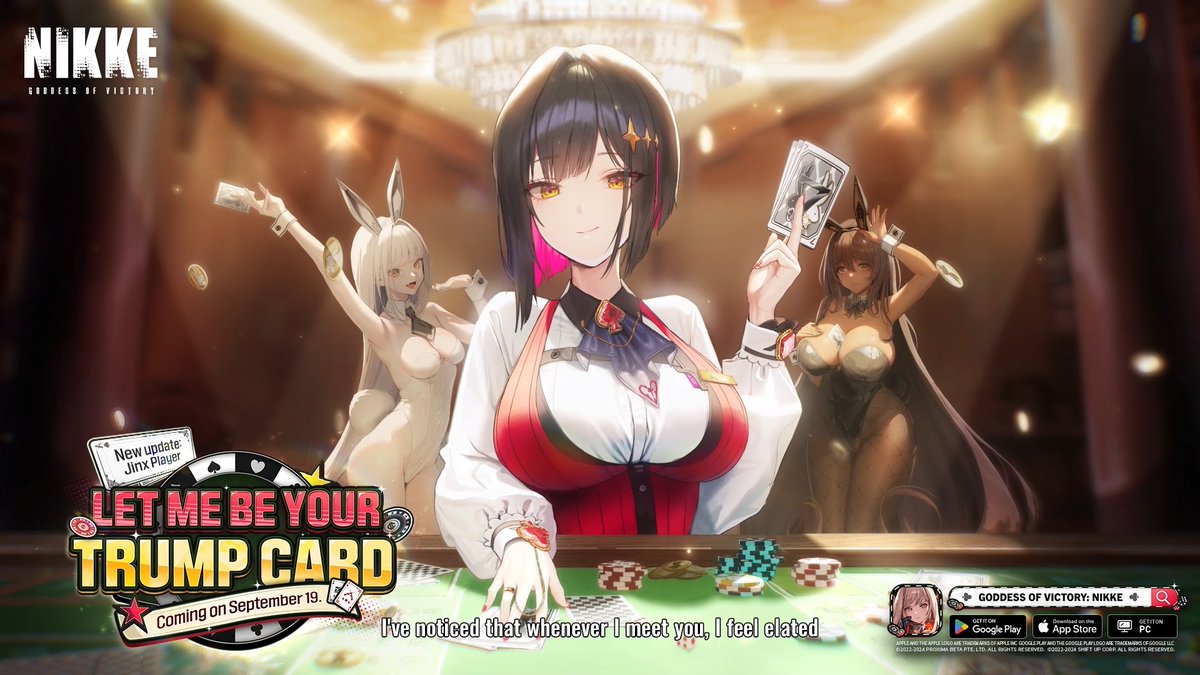 【JINX PLAYER PV】 The game is ready. Highroller, would you like to play a game with me? JINX PLAYER begins on 9/19! Squad 777 makes an appearance once again!! What type of situations will the leader of Squad 777 find herself in? An all-new Nikke and rewards from the Doki Doki NIKKE Global Popularity Poll Ⅱ will be introduced! Red Hood's costume, Red Hood's theme song, and 5 new avatar frames will also be distributed simultaneously! *Promotional materials were used in the video content. For actual content, please refer to the in-game experience. HD Ver 🔗: #NIKKE