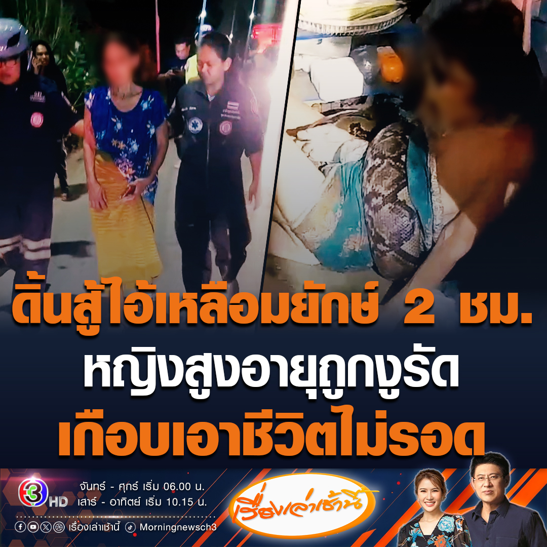 #เรื่องเล่าเช้านี้ หญิงวัย 64 ปี ถูกงูเหลือมใหญ่ ยาว 4 เมตร น้ำหนักไม่ต่ำกว่า 20 กก. กัดที่ต้นขา รัดตัวแน่น พยายามดิ้นสู้นาน 2 ชั่วโมง โชคดีมีคนมาเห็น โทรแจ้งกู้ภัยช่วยเหลือปลอดภัย #ข่าวช่อง3 #ข่าวสังคม #งูเหลือมยักษ์