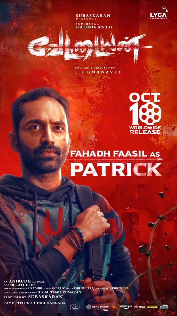 Get ready to enjoy the vibrant energy of #FahadhFaasil as PATRICK 🎭 in VETTAIYAN 🕶️ Brace yourself for an intriguing character! 🤩 #Vettaiyan 🕶️ Releasing on 10th October in Tamil, Telugu, Hindi & Kannada! Rajinikanth Amitabh Bachchan Gnanavel Anirudh Ravichander Lyca Productions #Subaskaran GKM Tamil Kumaran #FahadhFaasil Rana Daggubati @ManjuWarrier4 Abhirami Ritika Singh Dushara S.R.Kathir ISC Kadhirr Philomin Raj AnbAriv #DineshMaster Sony Music South India RIAZ K AHMED V4U Media #வேட்டையன் 🕶️ #VettaiyanTheHunter 🕶️ #VettaiyanFromOct10