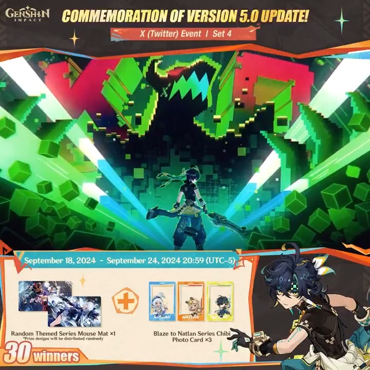 ✨Set 4✨ Commemoration of Version 5.0 Update 🎁Participate for a chance to win official merchandise. How to Participate: ① Follow Genshin Impact ② Retweet this post You can instantly check the event results here>>> #NatlanImpact
