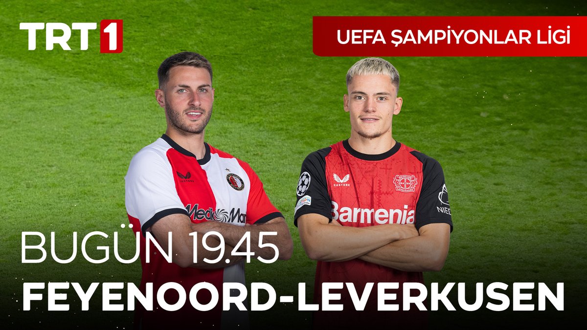 UEFA Şampiyonlar Ligi, TRT 1 ekranlarında! 💫 Hollanda’nın güçlü takımlarından Feyenoord ile Almanya şampiyonu Bayer Leverkusen kozlarını paylaşıyor! ⚽ Feyenoord-Bayer Leverkusen maçı bugün saat 19.45’te TRT 1 ve tabii'de.