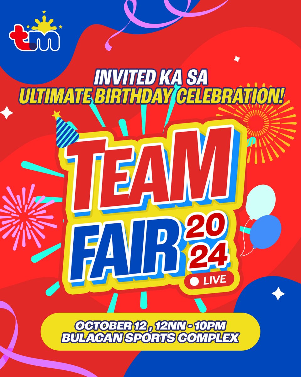 Kami ang bahala sa pa-blowout at pa-premyo sa #TeaMFair2024! 🥳 Handa na ang SB19 Official at iba pa nating teammates. Mag-redeem na ng tickets gamit ang inyong TM Rewards Points bukas! 😉