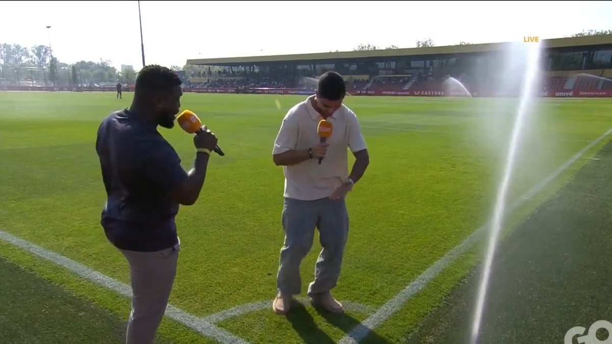 𝐎𝐄𝐏𝐒! Armin wordt nat gesproeid tijdens de voorbeschouwing van Feyenoord tegen Bayer Leverkusen 💦 #ZiggoSport #UYL #FEYB04