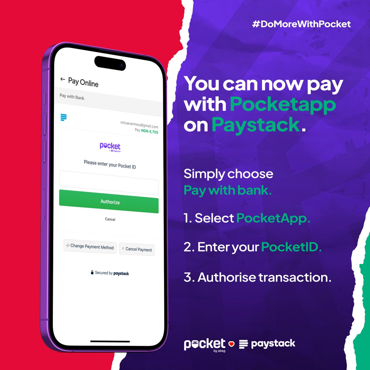 Introducing #PayWithPocket in partnership with Paystack 🔥💜 Your online transactions have now become faster, more seamless, and extremely secure! ⚡🔒