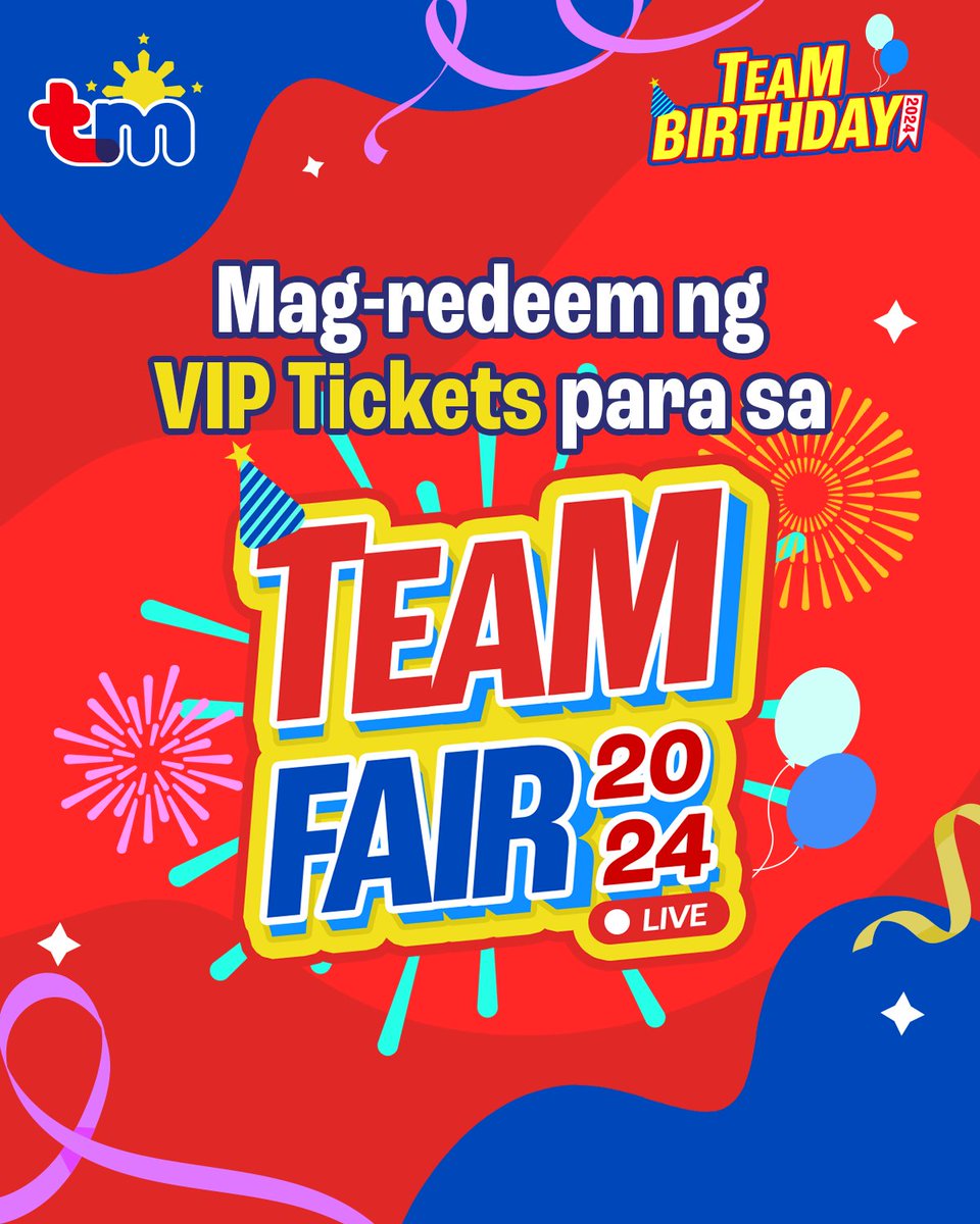 Taas kamay lahat ng gustong makapunta sa TeaM Fair!! 🙌 Mag-redeem lang ng 50 TM Rewards Points sa GlobeOne para sa VIP tickets! 🎁 See you sa Bulacan Sports Complex sa October 12. Maki-TeaM Birthday na! 🎂