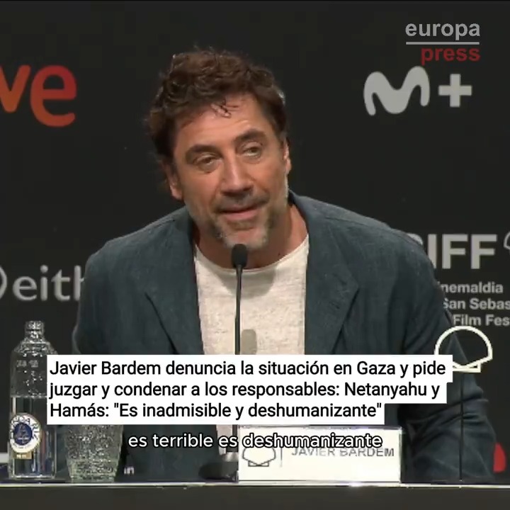 Javier Bardem: "Lo que está sucediendo en Gaza es inadmisible y deshumanizante. Israel está cometiendo crímenes contra la humanidad. Los ataques atroces de Hamás el 7 de octubre no justifican este castigo masivo que están sufriendo los palestinos"