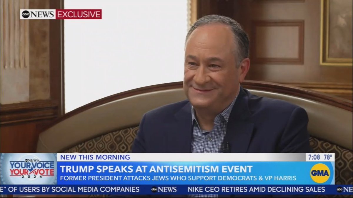 Q: Trump said, ‘She doesn’t like Jewish people’ Doug Emhoff: She likes me Q: What was your reaction when you heard that? Emhoff: It is typical Donald Trump gaslighting. He is somebody who has had dinner with known antisemites. After the horrific events of Charlottesville, where people were marching with tiki torches saying ‘Jews shall not replace us,’ he said there are ‘fine people on both sides.’ This is a guy with a record of saying incredibly vile, antisemitic things. For him to say that, I almost laugh at the chutzpah