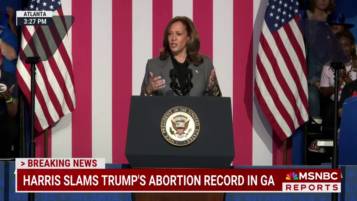 "One in three women in America lives in a state with a Trump abortion ban." Vice President Kamala Harris slams former President Donald Trump's abortion record in Georgia.