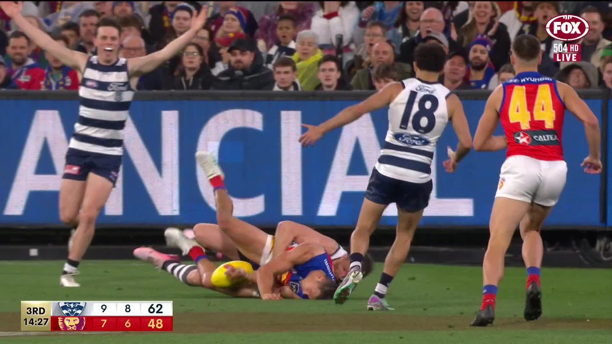 A free kick was paid against Patrick Dangerfield for this tackle on Hugh McCluggage. 📺 Watch #AFLCatsLions on ch. 504 or stream on Kayo: ✍️ BLOG 🔢 MATCH CENTRE