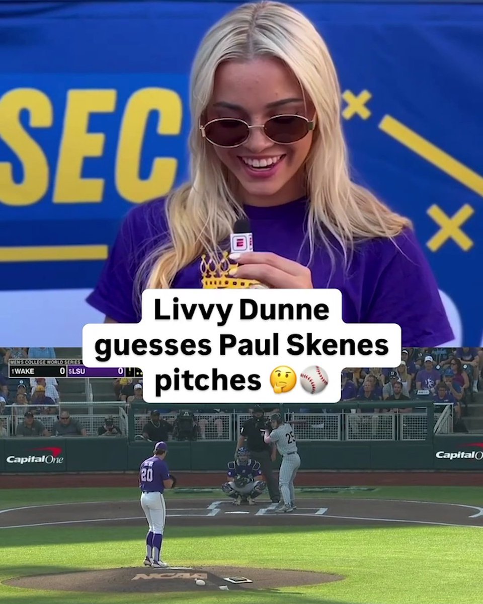 “It all looks good to me. He struck everyone out, so I don’t really care.” 😂 Olivia Dunne does play-by-play on Paul Skenes pitches 🎙️😅