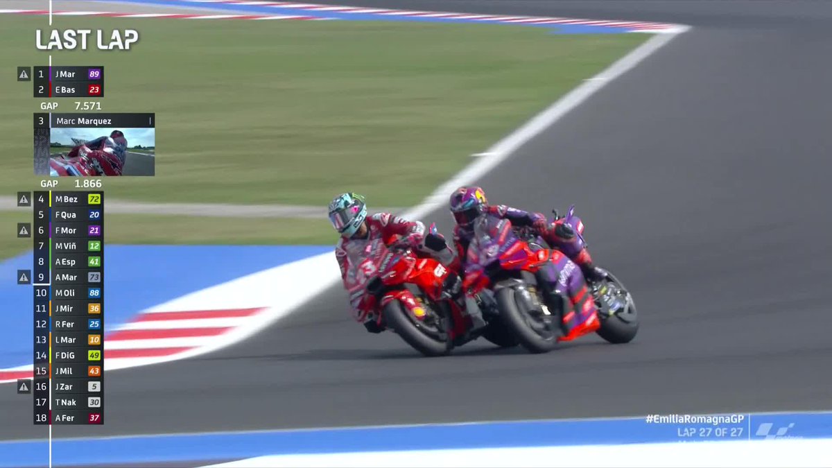 🚨 ONE LAP TO GO! 🚨 @BESTIA23 FORCES @88JORGEMARTIN TO GIVE! 🤯 #EmiliaRomagnaGP 🏁