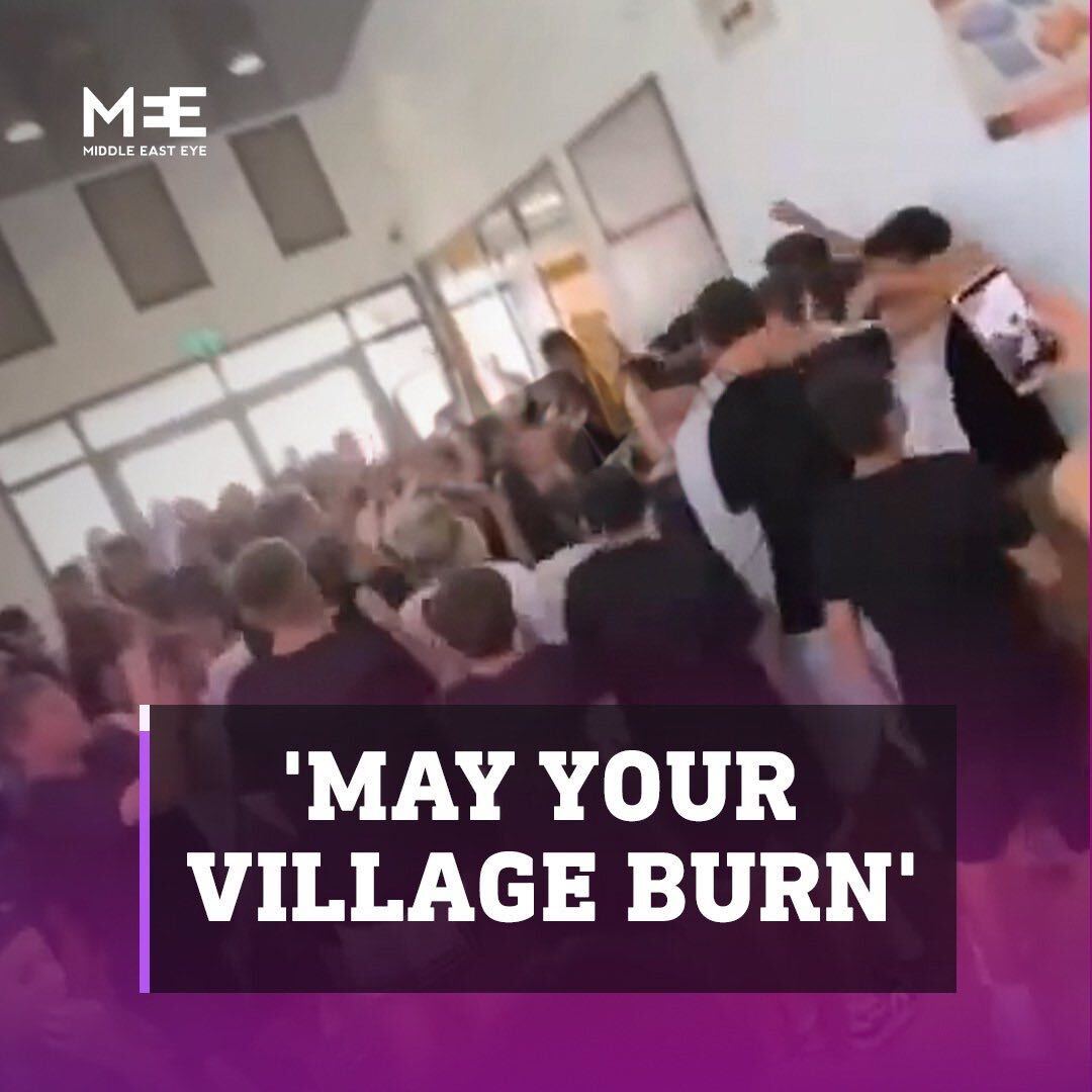 Hebrew social media platforms circulated videos of students dancing and chanting ‘may your village burn’ at a Palestinian seventh-grade girl who said ‘free Palestine’ and ‘IDF soldiers are murderers’.