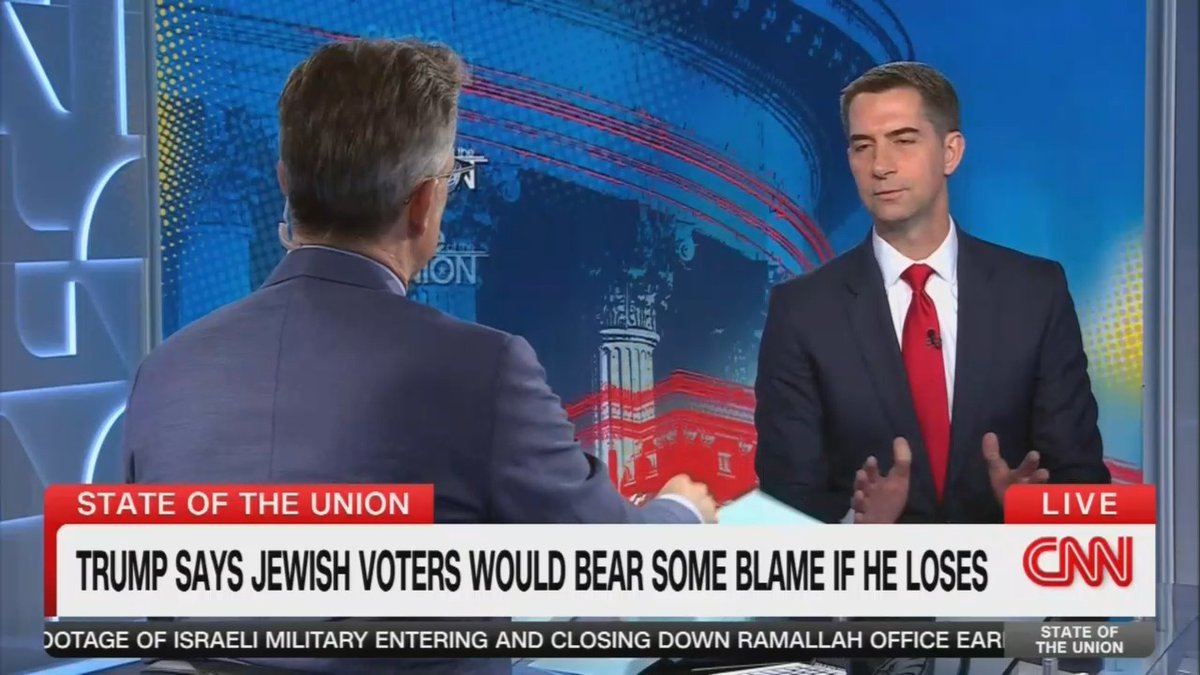 BREAKING: In a stunning admission, Senator Tom Cotton just admitted that for 11 months, Donald Trump has made claims that Jewish voters will be to blame if Trump loses in November. Retweet so all Americans see Cotton confirm Trump’s disgusting antisemitism.
