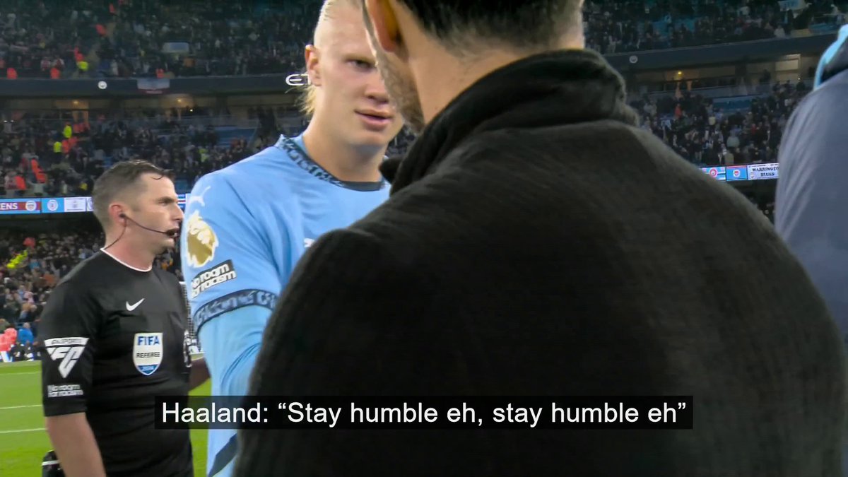 "Stay humble eh" 🔥 Listen to Erling Haaland's comments to Arsenal manager Mikel Arteta at full-time following the 2-2 draw 🚨