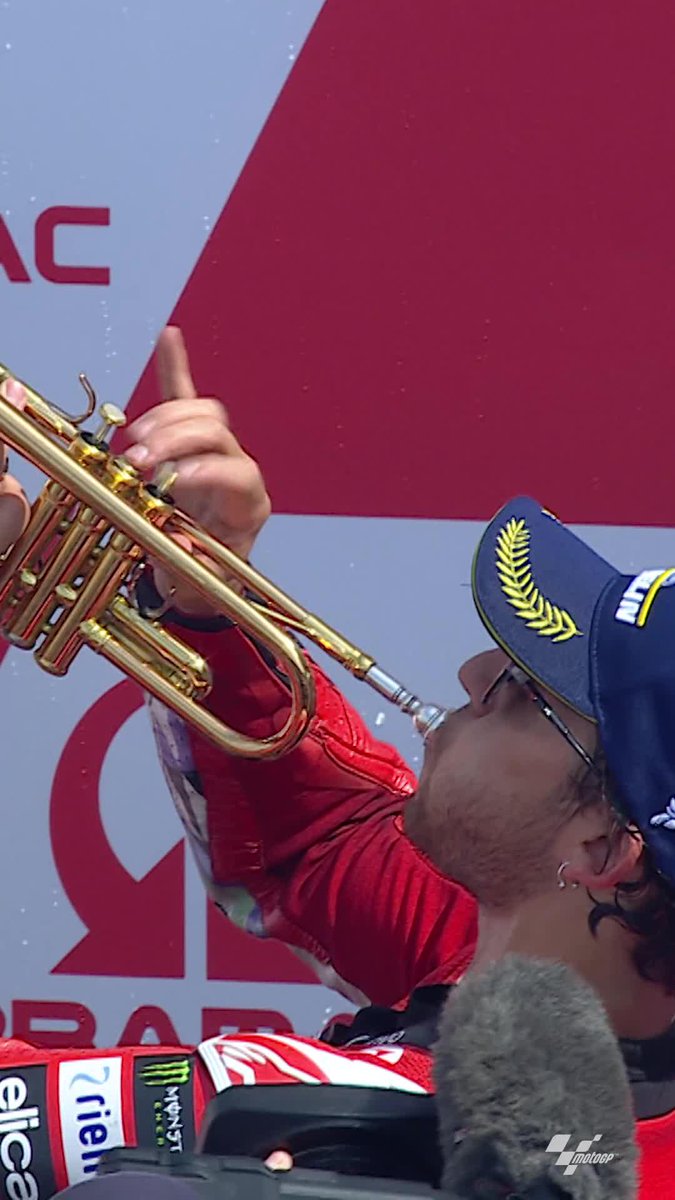This is what happens when you give Enea Bastianini a trumpet 🎺 😂 Best podium of the season? We think so! 💯 #EmiliaRomagnaGP 🏁