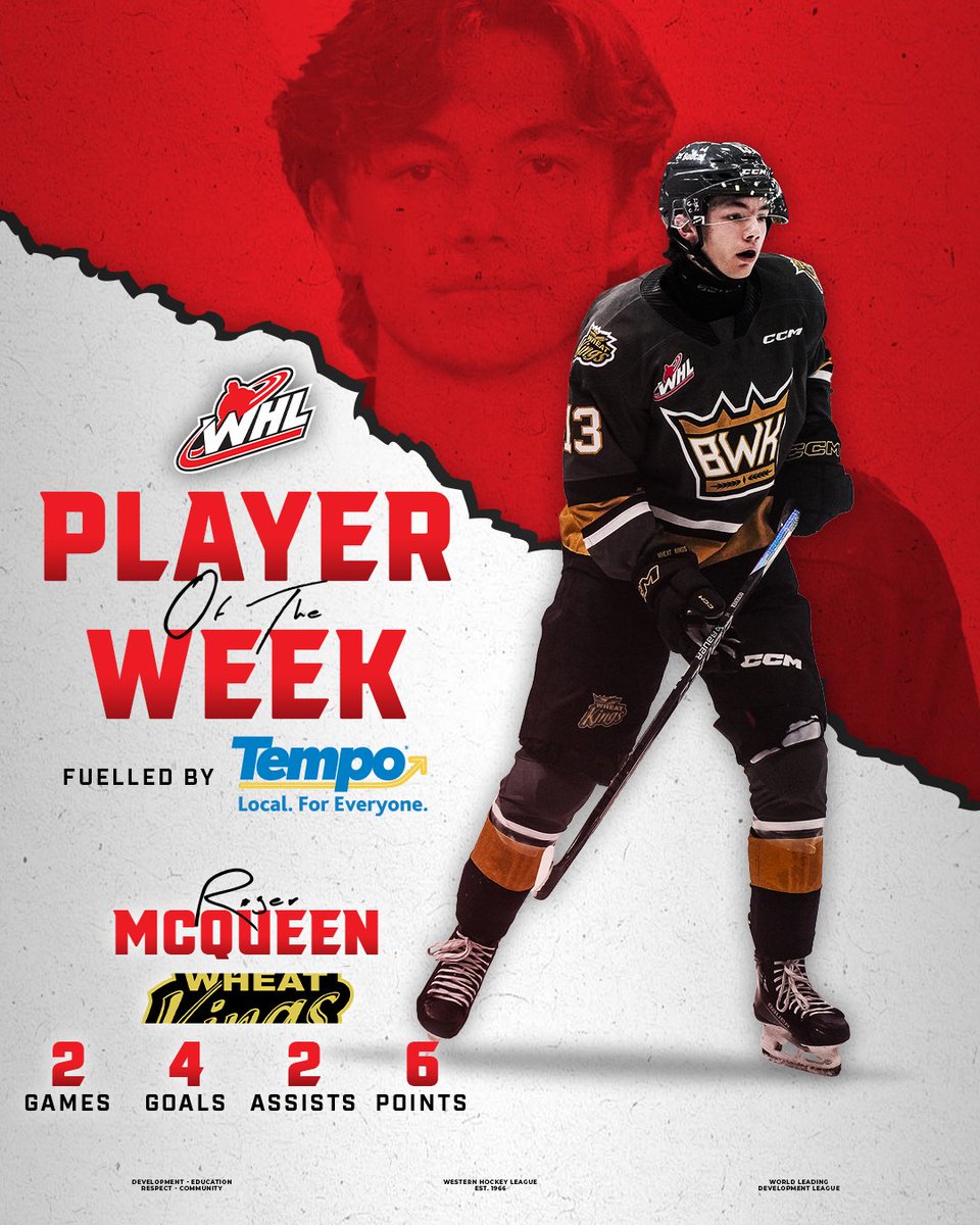 KA-CHOW!⚡️ After a four-goal performance on opening night, 2025 #NHLDraft prospect Roger McQueen has been named the Tempo Player of the Week! Brandon Wheat Kings | #WHLOpeningWeek 📝 |
