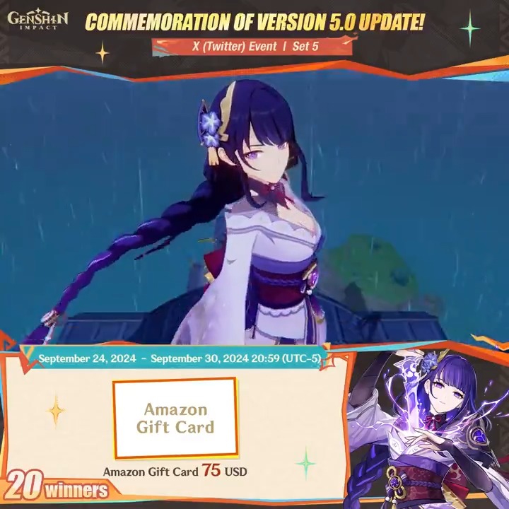✨Set 5✨ Commemoration of Version 5.0 Update 🎁Participate in the event for a chance to win a $75 Amazon gift card. How to Participate: ① Follow Genshin Impact ② Retweet this post You can instantly check the event results here>>> #GenshinImpact