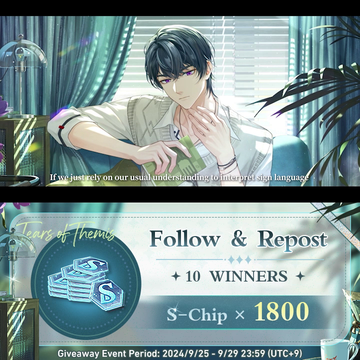 #Marius SSR ✦ Wishes Across Time ✦ ✅ Follow &amp; 🔄 Repost 🎁 S-Chip ×1800 (10 winners) ⌛ Ends on 2024/9/29 at 23:59 (UTC+9) ⌛ The Last Dragonbreath Time-Limited Total Purchases event is coming soon! ✦ Japanese dubbed version: #TearsOfThemis