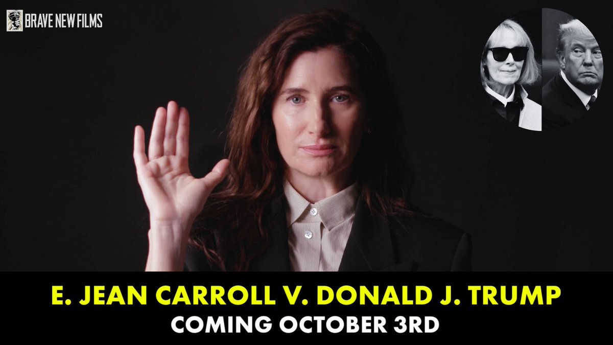 NEW TRAILER ALERT 🚨 Kathryn Hahn, Ellen Burstyn, Lexi Underwood, and Regina Taylor bring E. Jean Carroll’s courageous testimony to life in our upcoming documentary. "E. Jean Carroll V. Donald J. Trump." Coming October 3rd.