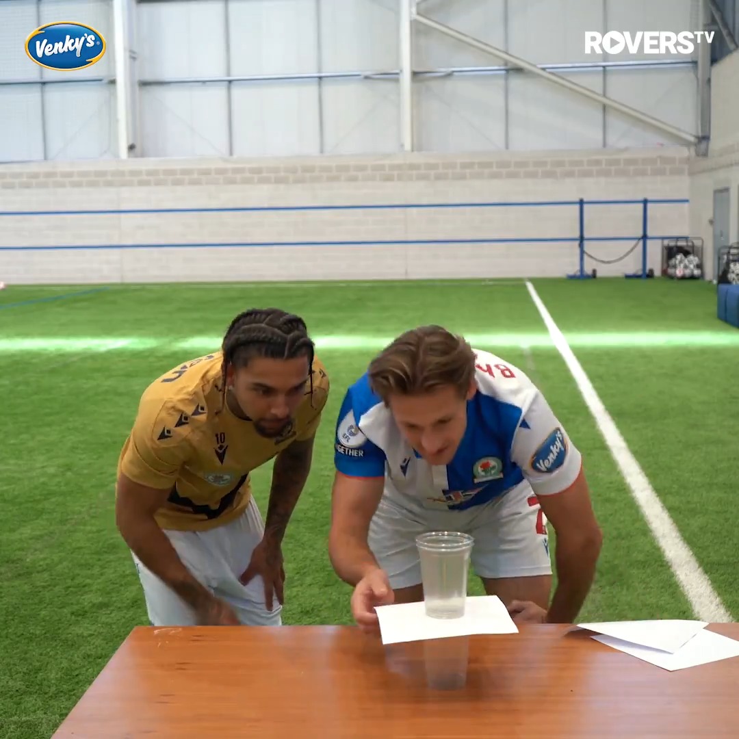 🥤 A paper &amp; cups yanking game! Can the lads stack the cups while only touching the 2 sheets of paper? #Rovers 🔵⚪️