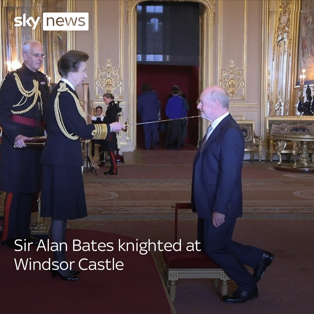 Former sub-postmaster Sir Alan Bates has been knighted by Princess Anne at Windsor Castle