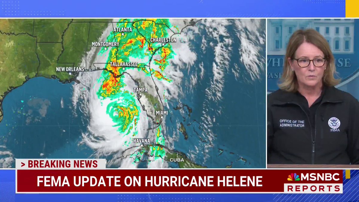 “I need everybody to pay attention to their local officials… We’re already seeing impacts in FL and the forecast indicates that we could see up to 20 feet of storm surge." FEMA Administrator Deanne Criswell provides a key update on Hurricane Helene’s path and forecast.