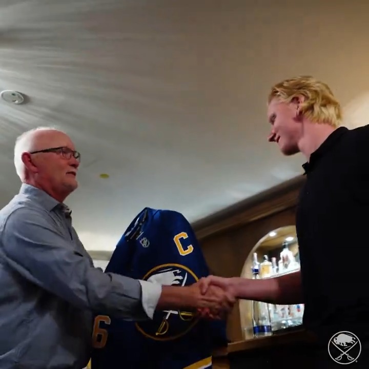 The moment Rasmus Dahlin, Alex Tuch, Dylan Cozens, Mattias Samuelsson, and Tage Thompson were given their letters. 🙌 #LetsGoBuffalo