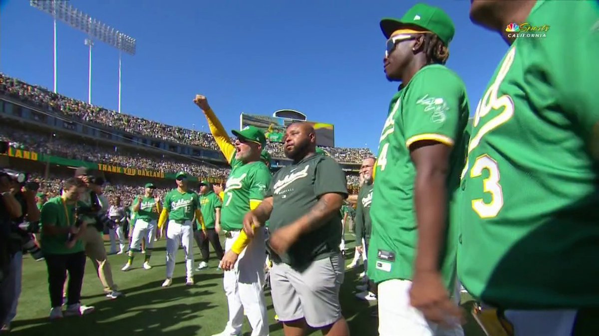 A's manager Mark Kotsay led fans in a chant after the team's final game ever at the Coliseum 📣