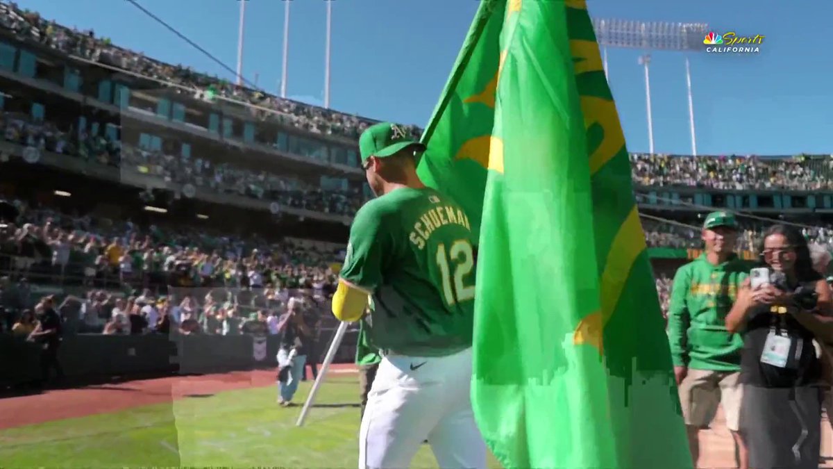 Max Schuemann flies the A's flag around the Coliseum one last time 👏