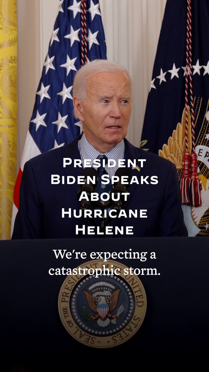 I am closely tracking Hurricane Helene, and my team is in touch with state and local officials on the ground and ready to support. I urge everyone in and near the path of Helene to listen to local officials and follow evacuation warnings. Take this seriously, and be safe.
