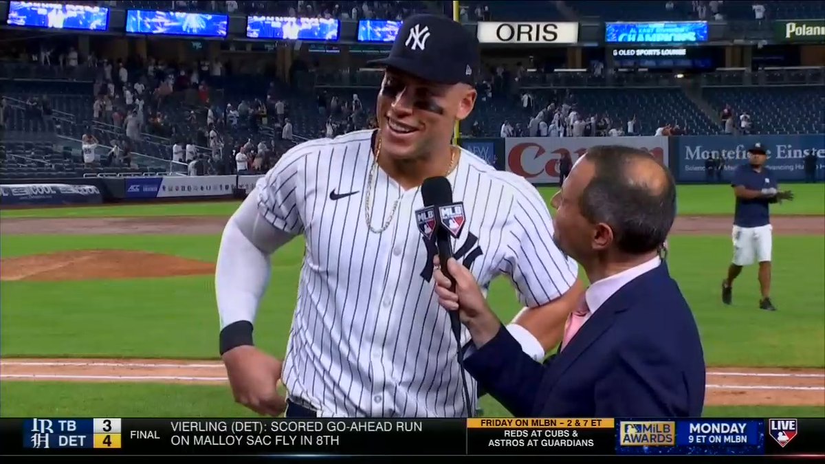 "We're gonna party hard, so I might take a day off. We'll see..." 🤣 New York Yankees captain Aaron Judge chatted with Jon Morosi after leading his squad to an AL East-clinching victory. Casamigos | #MLBNShowcase | #RepBX