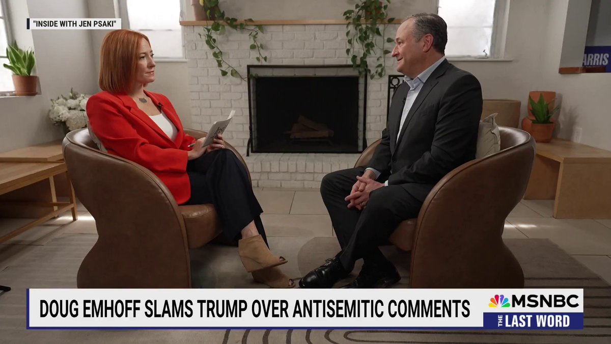 .Jen Psaki asks Doug Emhoff about Trump’s recent comments saying Jewish voters would bear “a lot” of blame if he loses: Jen: “Do you worry that he's putting a target on the backs of Jewish Americans?” Emhoff: “He is.”