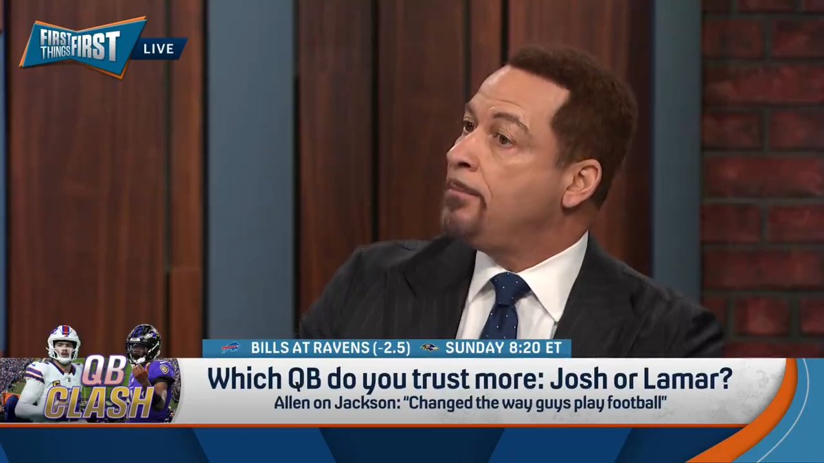 .Chris Broussard is trusting Lamar Jackson over Josh Allen: "Lamar's not really reckless... He's not going to just have these ridiculous turnovers."