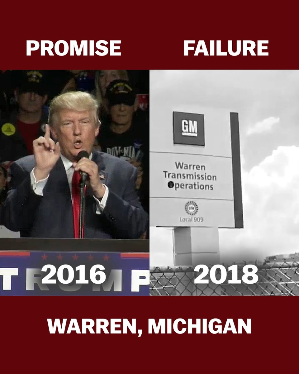 NEW AD: Trump is going to Warren, Michigan today to lie to workers. In 2016, he told Warren they “won't lose one plant” if he’s president. In 2019, GM closed their Warren plant.
