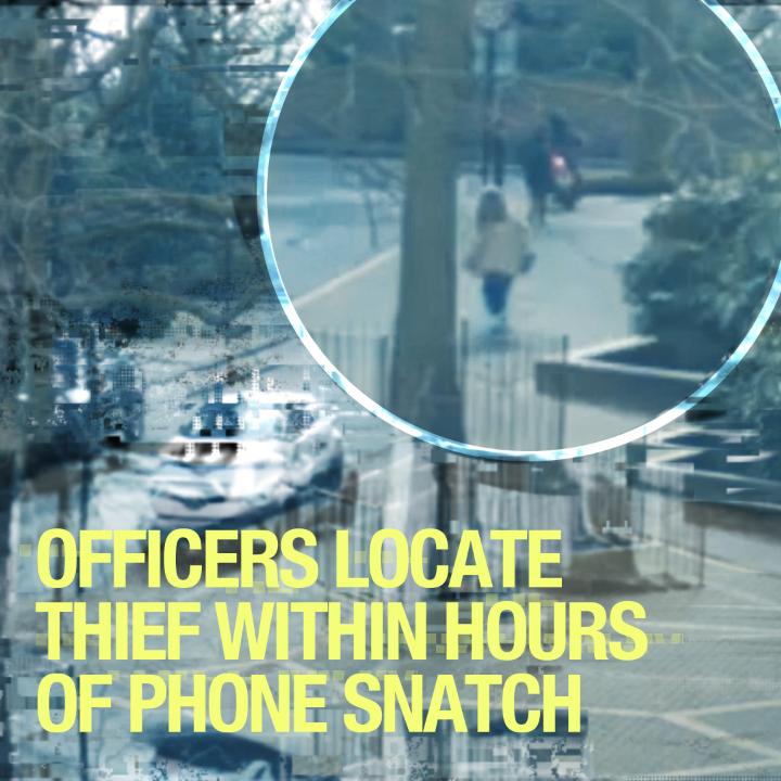 Watch the moment a thief on a motorbike snatches a phone from a woman's hand in Croydon. Officers swiftly tracked the mobile phone and arrested the culprit within a few hours. He was found in possession of two stolen phones and a stolen motorbike, and was later jailed.
