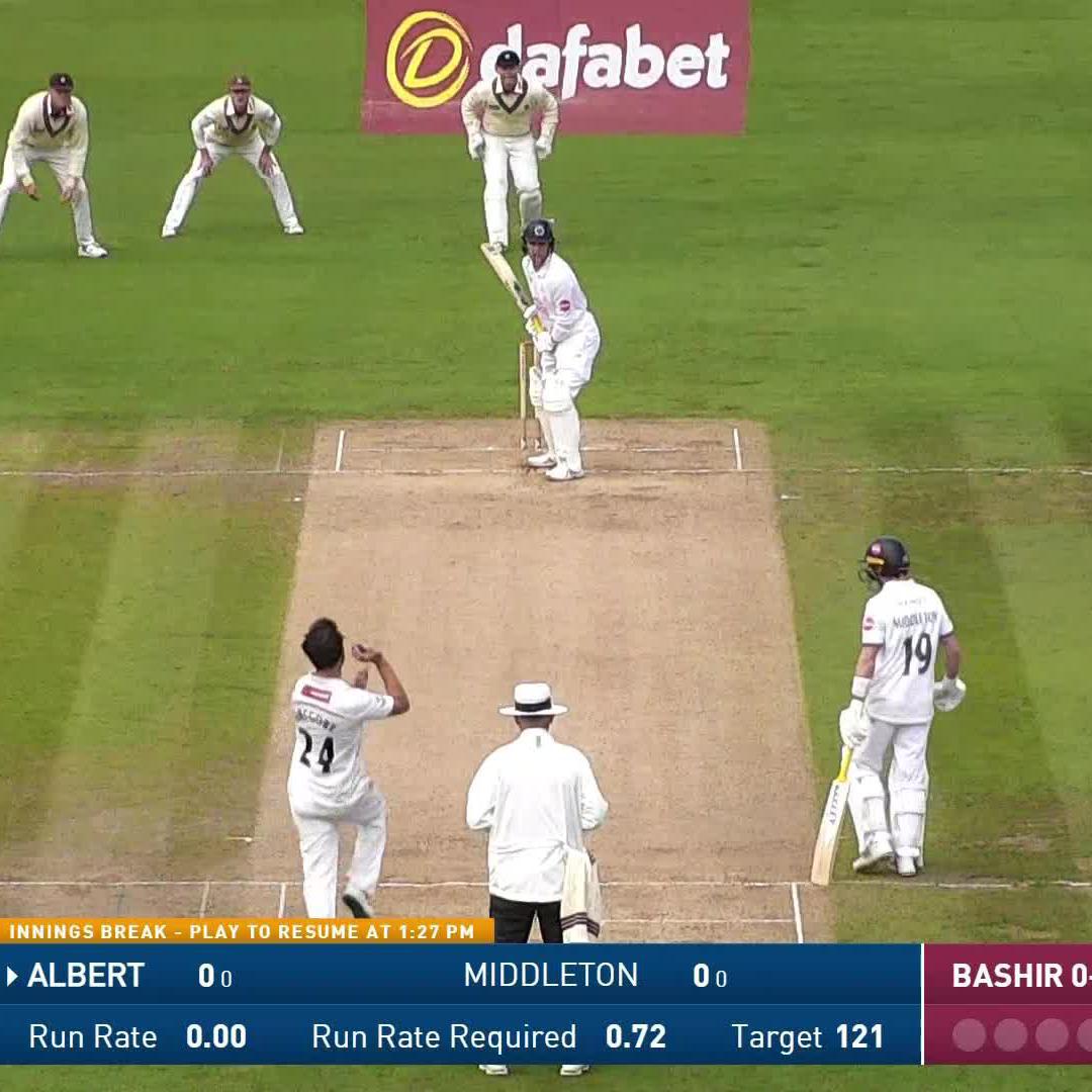 A dropped catch at second slip denies Lewis Gregory a hat-trick from the first three balls of Hampshire's second innings!