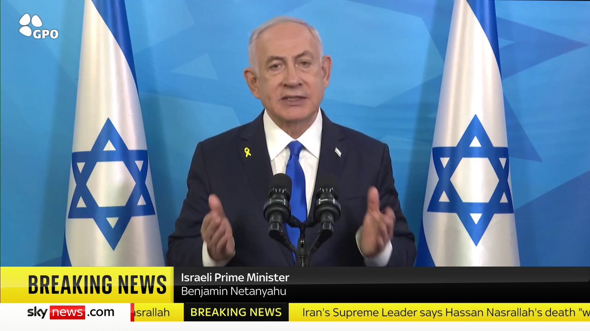 BREAKING: Israeli Prime Minister Benjamin Netanyahu has issued a statement following the assassination of Hezbollah leader Hassan Nasrallah. "He was the axis of the axis, the central engine of Iran's axis of evil" Netanyahu said. 📺 Sky 501 and YouTube