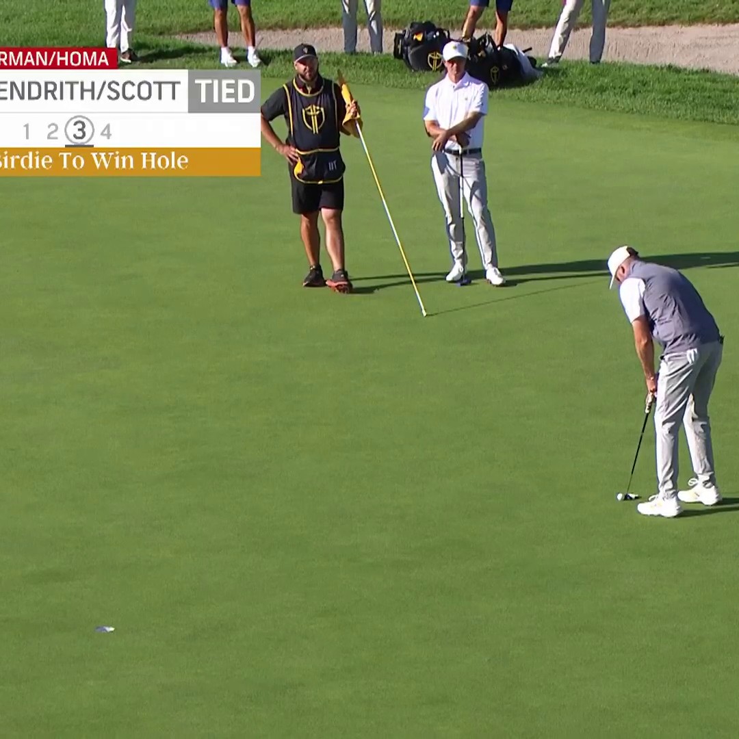 Taylor Pendrith birdies the 9th to take a 1UP lead vs. Homa/Harman. 👀 #IntlTeam 📺 NBC and Peacock | #PresidentsCup