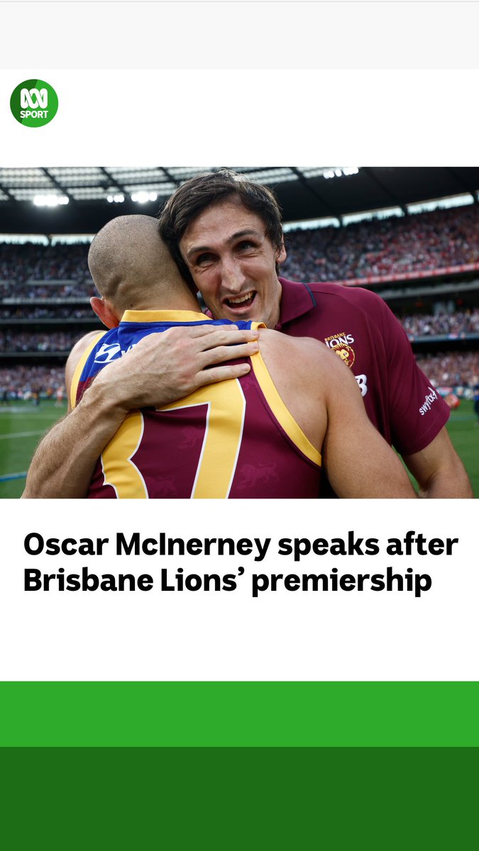 He won't get a medal, but he remains all class. 🦁 Injured ruck Oscar McInerney is the ultimate team man after Brisbane Lions' premiership. 🏆 Read more: #AFL #AFLFinals #AFLGrandFinal #AFLGF #AFLSwansLions
