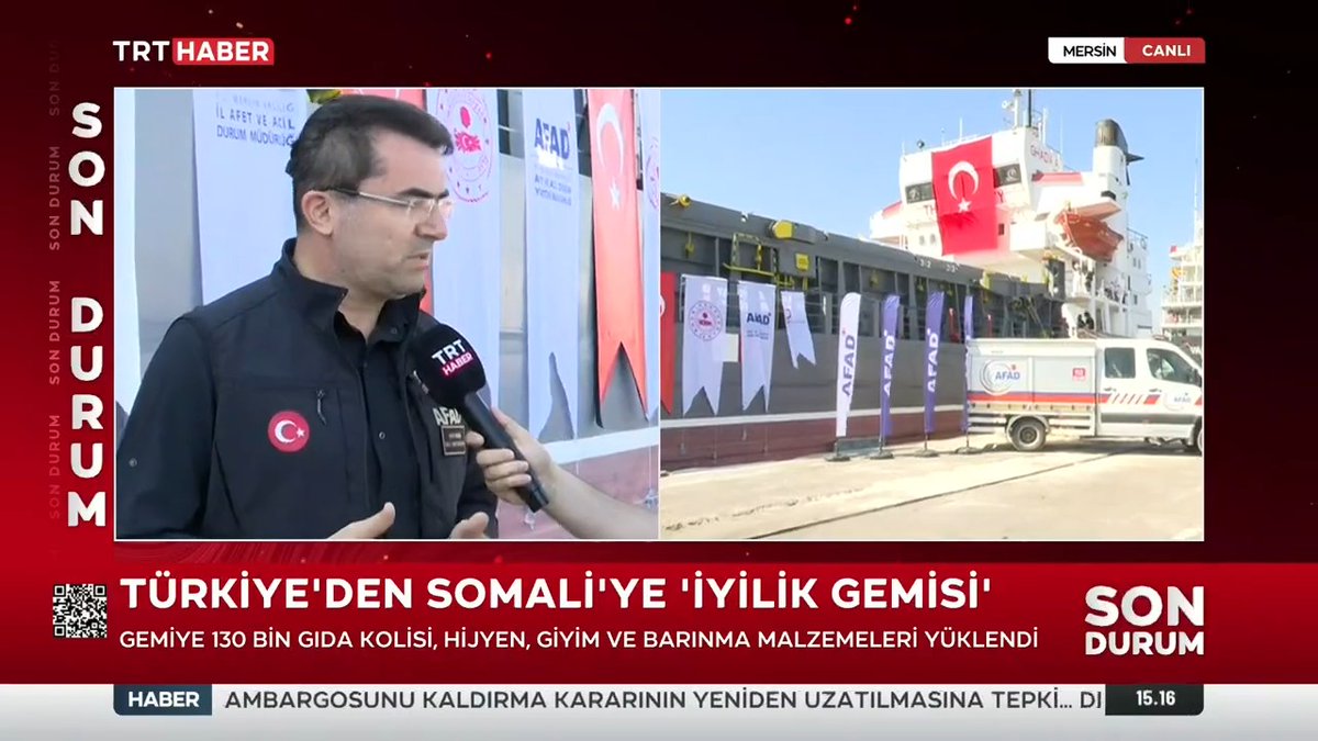 🇹🇷🇸🇴Türkiye’den Somali’ye ‘İyilik Gemisi’ AFAD koordinasyonunda, Türk Kızılay ve STK’lar Somali için harekete geçti. AFAD Başkanı Okay Memiş, Mersin Limanı'ndan gönderilecek gemideki insani yardımın detaylarını TRT HABER’e anlattı.