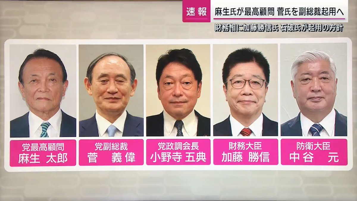 【速報】#石破新総裁 党・最高顧問に麻生氏を起用へ 自民党・石破新総裁は ・党最高顧問に麻生太郎氏 ・党副総裁に菅義偉氏 ・党政調会長に小野寺五典氏 を起用する意向を固める ・財務大臣に加藤勝信氏 ・防衛大臣に中谷元氏 を起用する方針 サンデーステーション