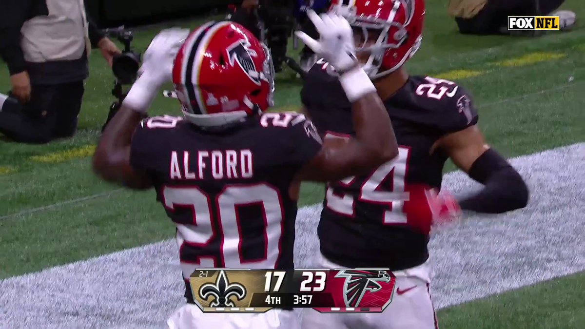Falcons defense is hyped after a huge 4th down stop vs the Saints! 💪💪 📺: FOX