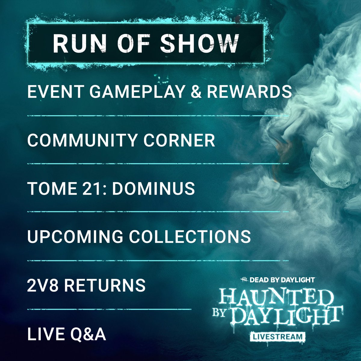 A sneak peek at everything on deck for our Haunted by Daylight livestream. 👀 Tune in tomorrow at 11AM ET on YouTube or Twitch.